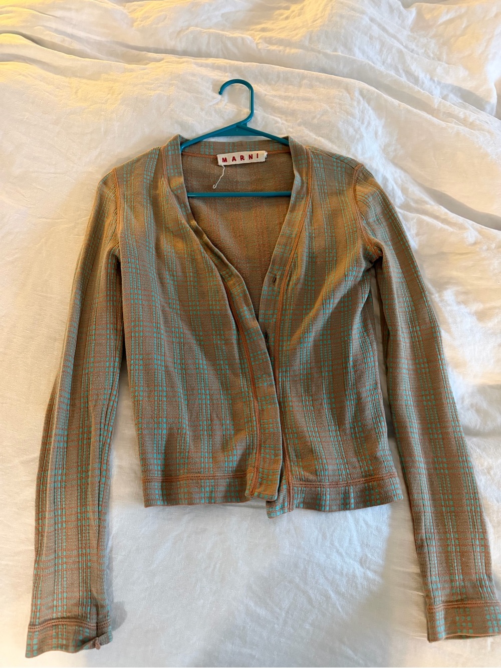 Marni Tan Plaid Lightweight Open-Front Jacket with Teal Stripes